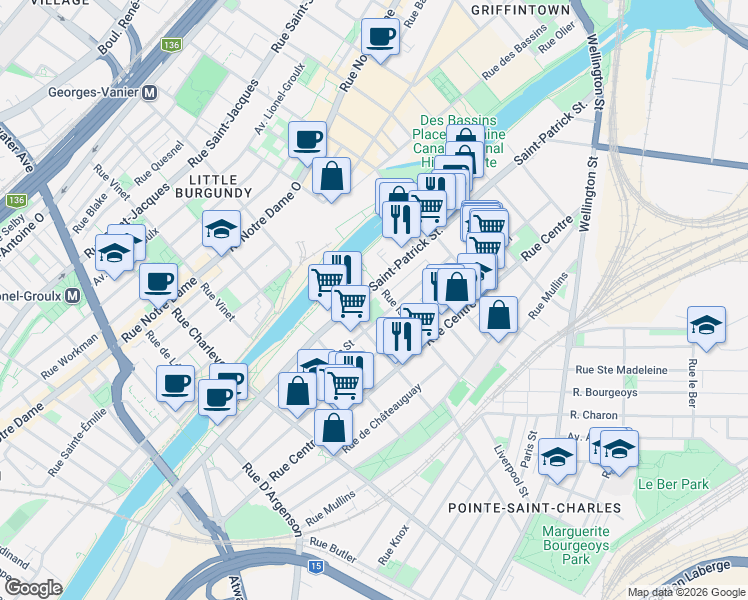 map of restaurants, bars, coffee shops, grocery stores, and more near 1450 Rue Island in Montréal