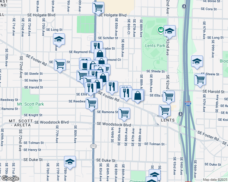 map of restaurants, bars, coffee shops, grocery stores, and more near 5430 Southeast 85th Avenue in Portland