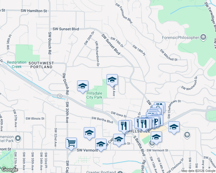 map of restaurants, bars, coffee shops, grocery stores, and more near 5505 Southwest 23rd Avenue in Portland