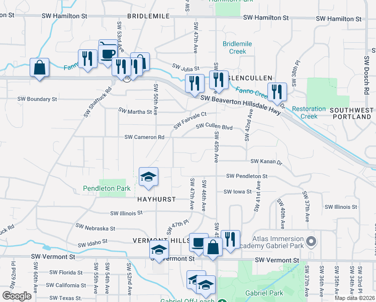 map of restaurants, bars, coffee shops, grocery stores, and more near 4652 Southwest Cameron Road in Portland