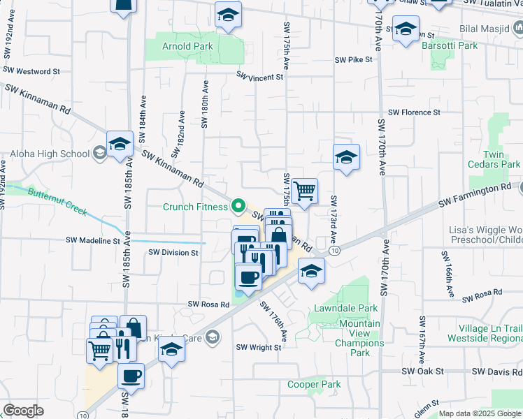 map of restaurants, bars, coffee shops, grocery stores, and more near 17695 Southwest Kinnaman Road in Aloha
