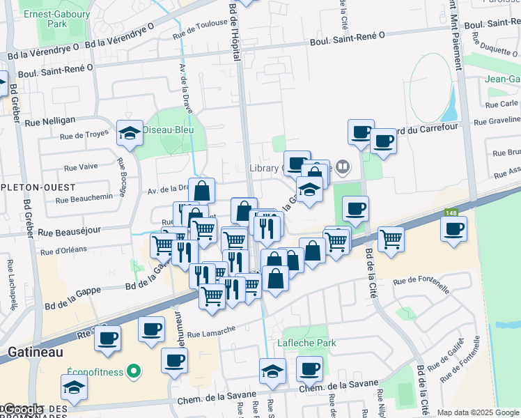 map of restaurants, bars, coffee shops, grocery stores, and more near in Gatineau