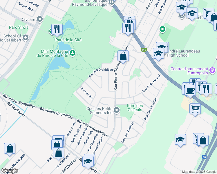 map of restaurants, bars, coffee shops, grocery stores, and more near 3338 Rue des Quatre Saisons in Longueuil