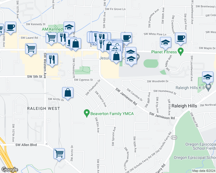 map of restaurants, bars, coffee shops, grocery stores, and more near 9355 Southwest Jamieson Road in Beaverton