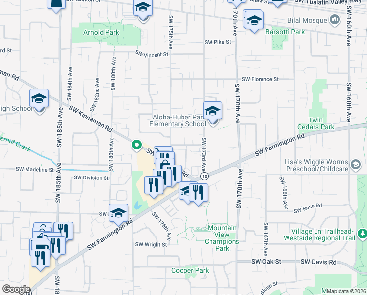 map of restaurants, bars, coffee shops, grocery stores, and more near 17385 Southwest Chris Street in Beaverton