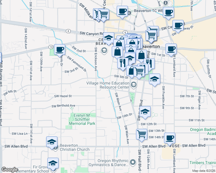 map of restaurants, bars, coffee shops, grocery stores, and more near 12940 Southwest 5th Street in Beaverton