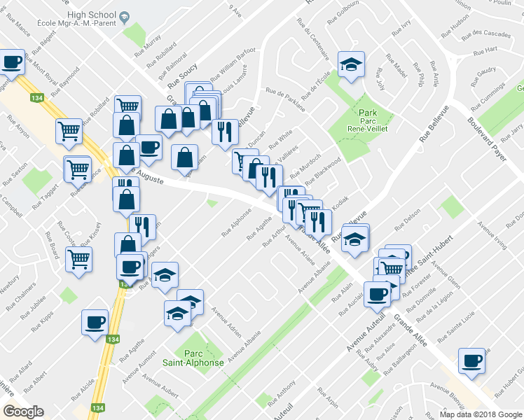 map of restaurants, bars, coffee shops, grocery stores, and more near 2317 Avenue Auguste in Brossard