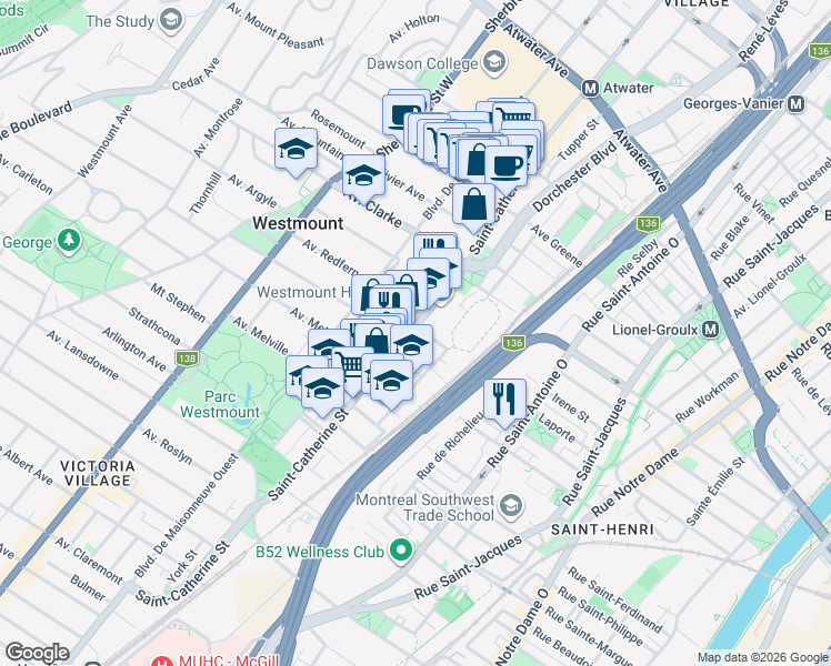 map of restaurants, bars, coffee shops, grocery stores, and more near 4400 Rue Sainte-Catherine in Westmount