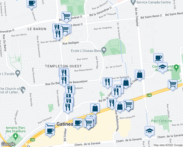 map of restaurants, bars, coffee shops, grocery stores, and more near 40 Rue Bocage in Gatineau