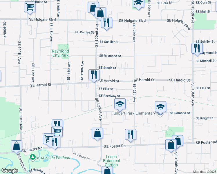 map of restaurants, bars, coffee shops, grocery stores, and more near 12333 Southeast Ellis Street in Portland