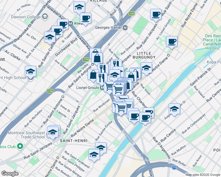 map of restaurants, bars, coffee shops, grocery stores, and more near 605 Avenue Atwater in Montréal