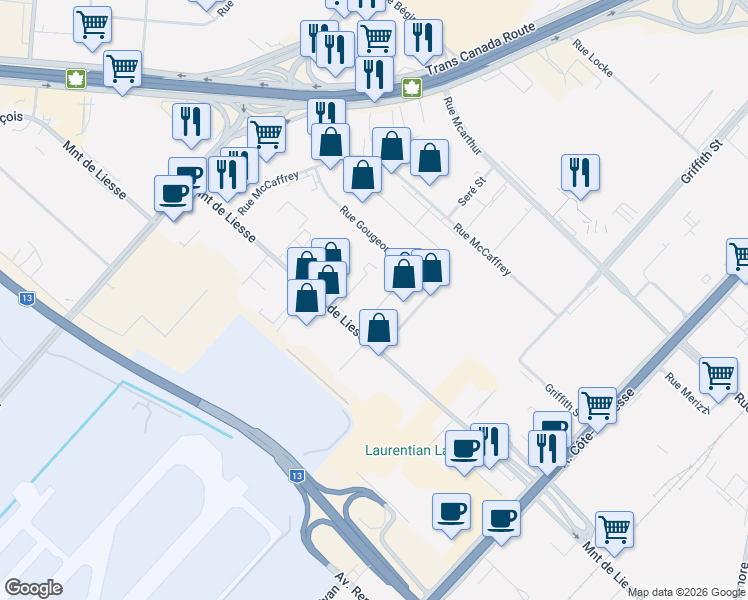 map of restaurants, bars, coffee shops, grocery stores, and more near 637 Montée de Liesse in Montréal