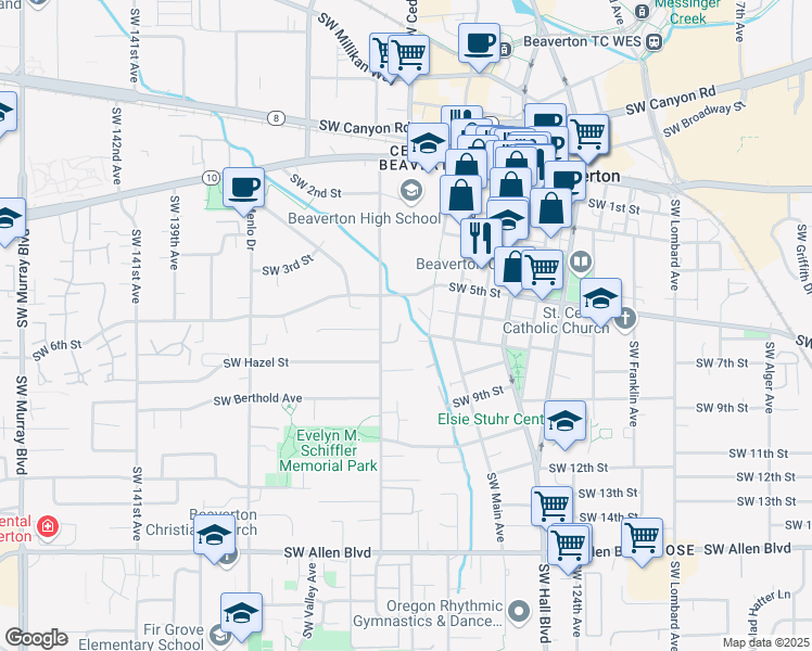 map of restaurants, bars, coffee shops, grocery stores, and more near 5132 Southwest Erickson Avenue in Beaverton