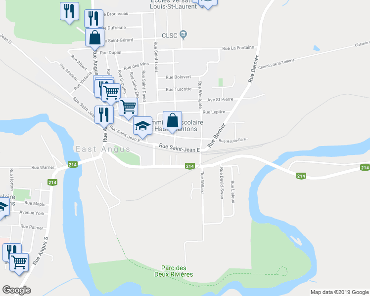 map of restaurants, bars, coffee shops, grocery stores, and more near 112 Avenue Saint Jean Est in East Angus