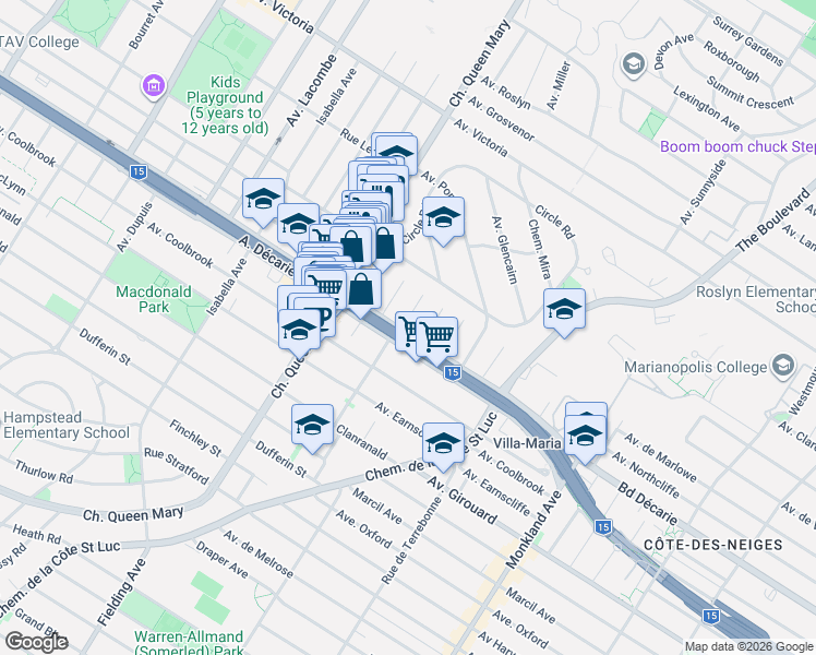 map of restaurants, bars, coffee shops, grocery stores, and more near 5264 Rue Snowdon in Montréal