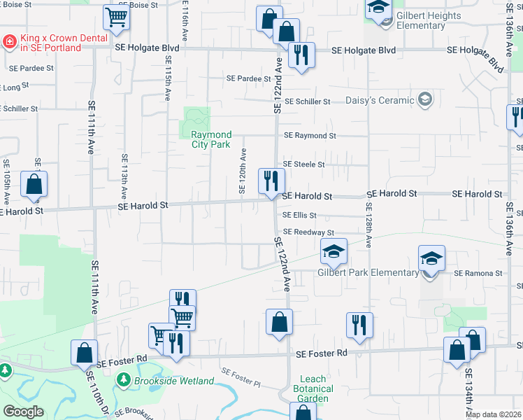 map of restaurants, bars, coffee shops, grocery stores, and more near 12026 Southeast Harold Street in Portland