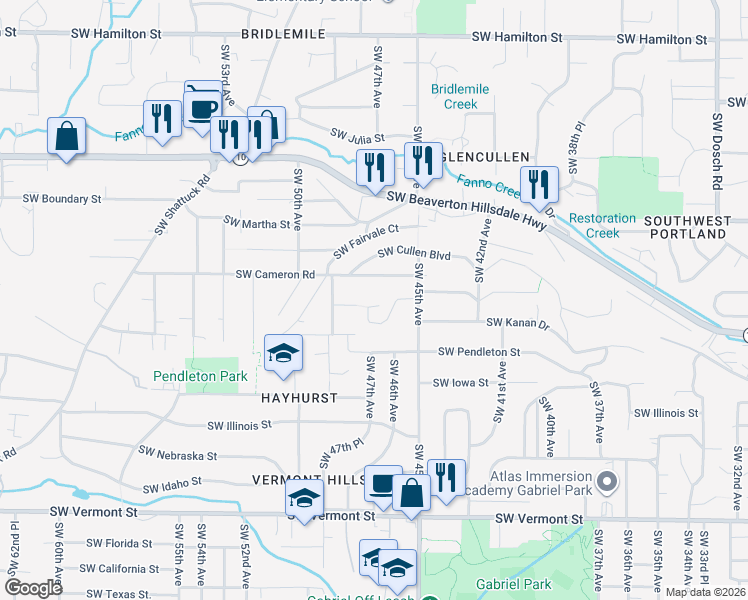 map of restaurants, bars, coffee shops, grocery stores, and more near 4652 Southwest Cameron Road in Portland
