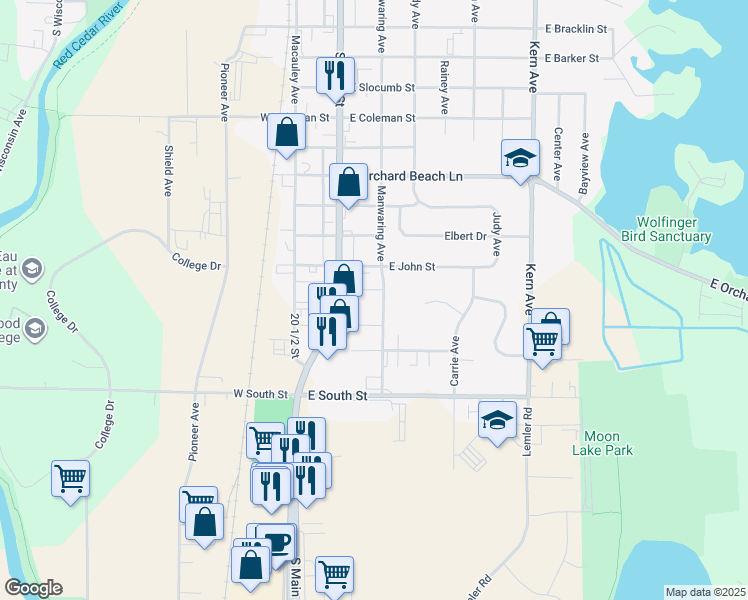 map of restaurants, bars, coffee shops, grocery stores, and more near 1727 South Main Street in Rice Lake