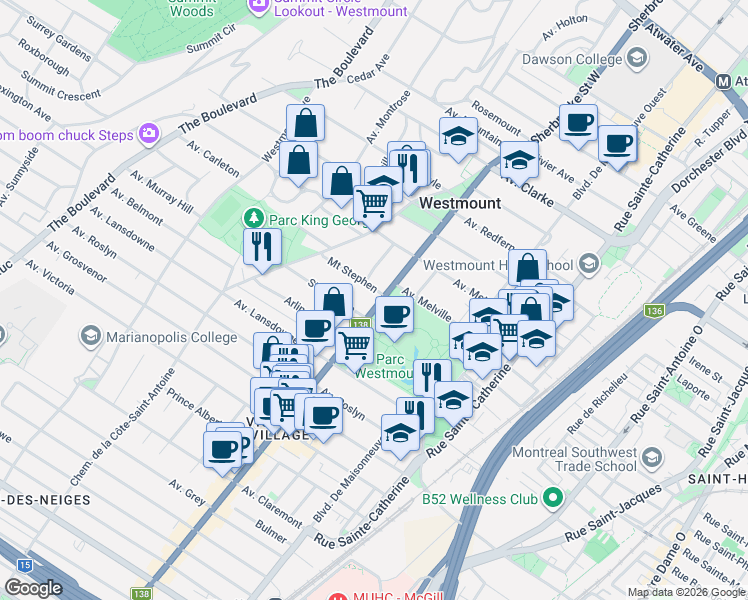 map of restaurants, bars, coffee shops, grocery stores, and more near 4547 Rue Sherbrooke Ouest in Westmount