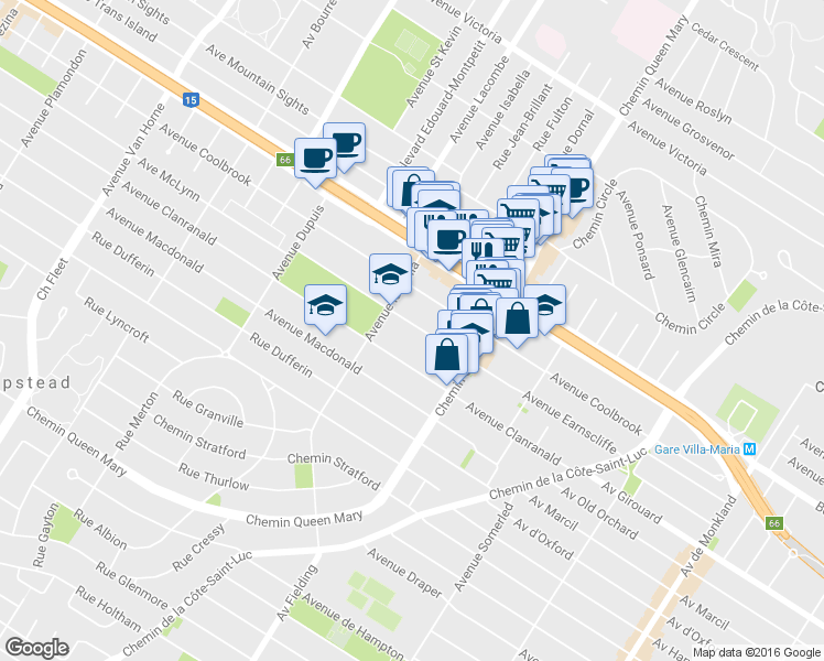 map of restaurants, bars, coffee shops, grocery stores, and more near 5210a Avenue Earnscliffe in Montréal