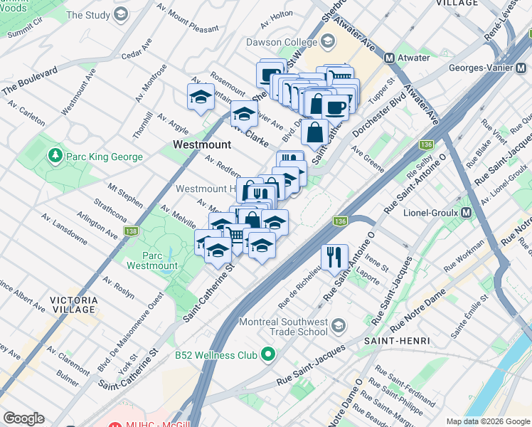 map of restaurants, bars, coffee shops, grocery stores, and more near 231 Avenue Kensington in Westmount