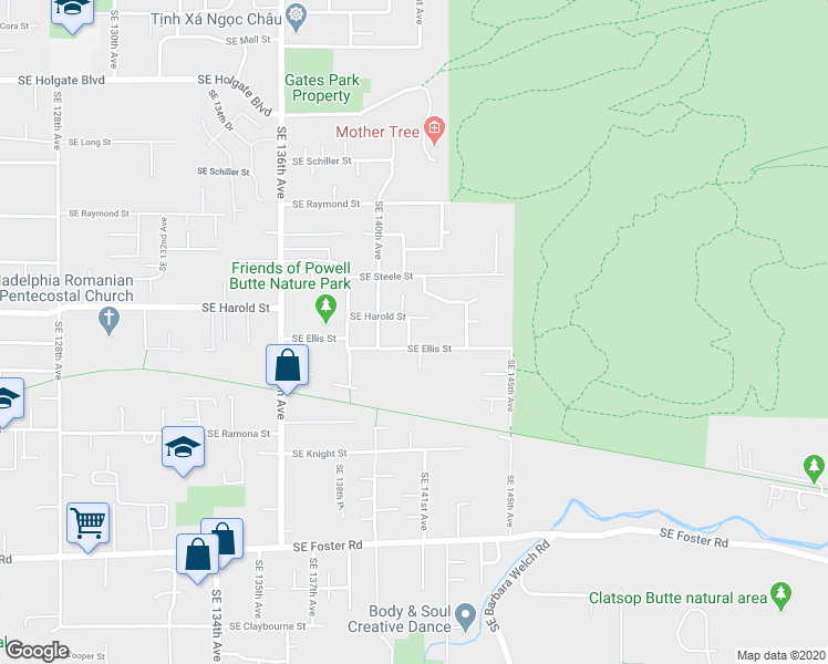 map of restaurants, bars, coffee shops, grocery stores, and more near 5518 Southeast 140th Place in Portland