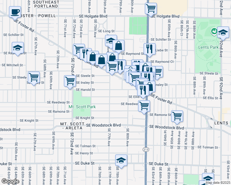 map of restaurants, bars, coffee shops, grocery stores, and more near 7820 Southeast Harold Street in Portland