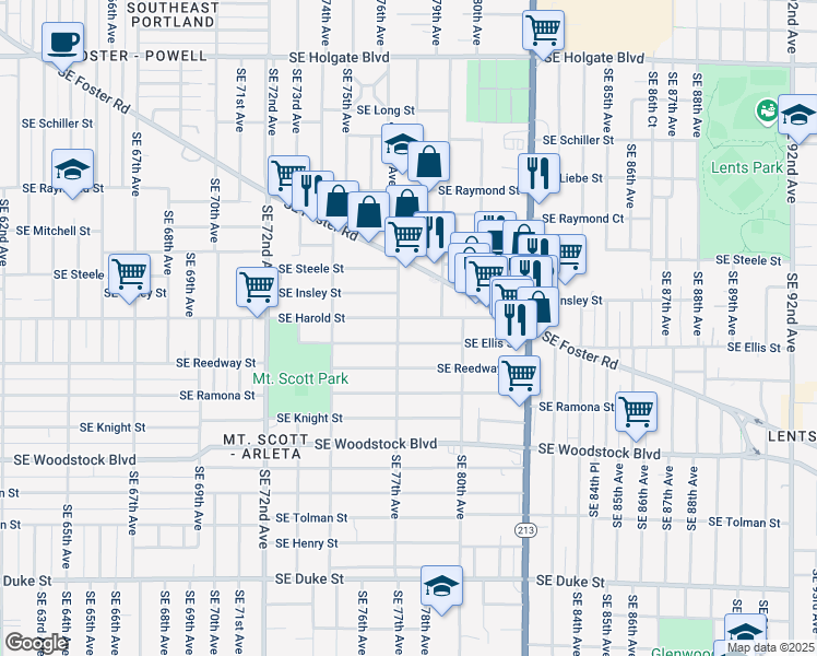 map of restaurants, bars, coffee shops, grocery stores, and more near 7820 Southeast Harold Street in Portland