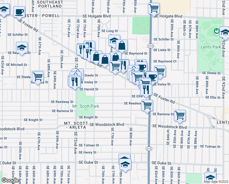 map of restaurants, bars, coffee shops, grocery stores, and more near 7620 Southeast Harold Street in Portland