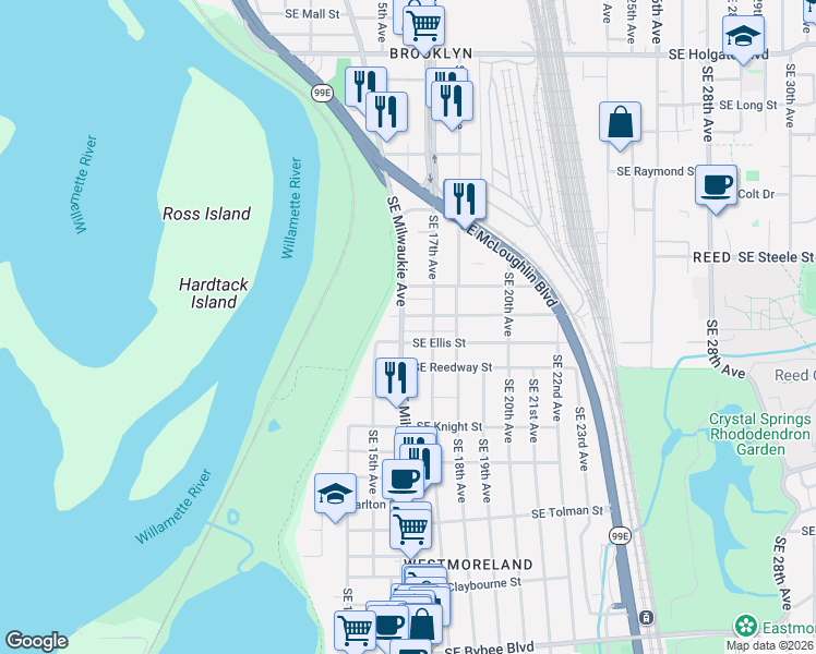 map of restaurants, bars, coffee shops, grocery stores, and more near 1624 Southeast Harold Street in Portland