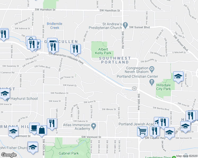 map of restaurants, bars, coffee shops, grocery stores, and more near 3510 Southwest Beaverton Hillsdale Highway in Portland