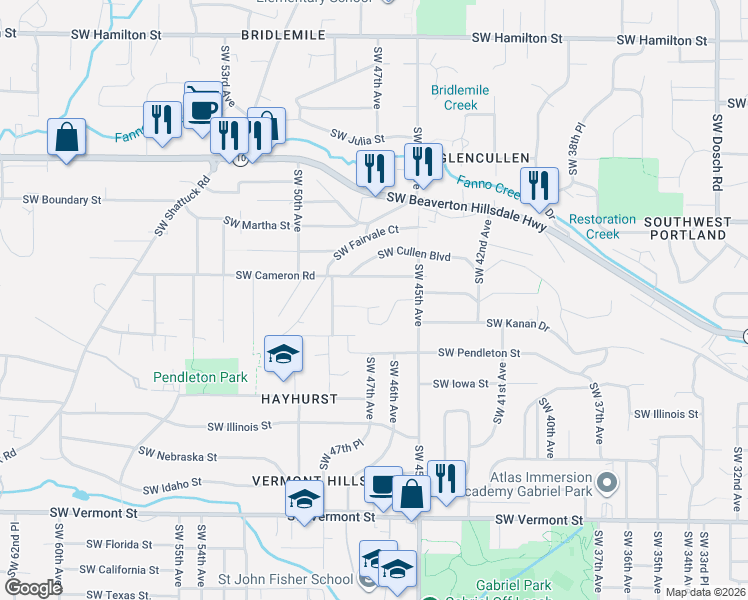 map of restaurants, bars, coffee shops, grocery stores, and more near 4695 Southwest Flower Place in Portland