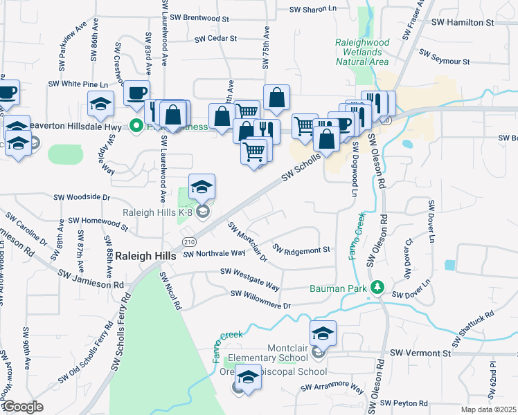 map of restaurants, bars, coffee shops, grocery stores, and more near in Raleigh Hills