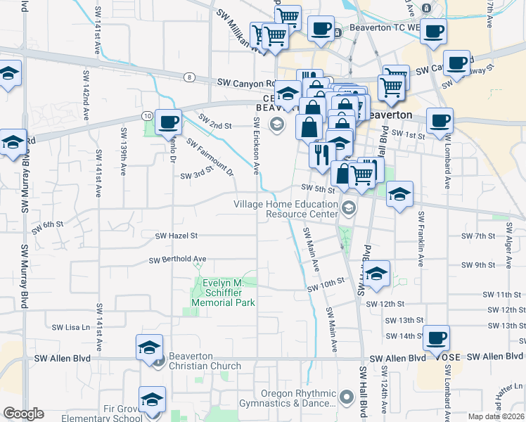 map of restaurants, bars, coffee shops, grocery stores, and more near 5132 Southwest Erickson Avenue in Beaverton