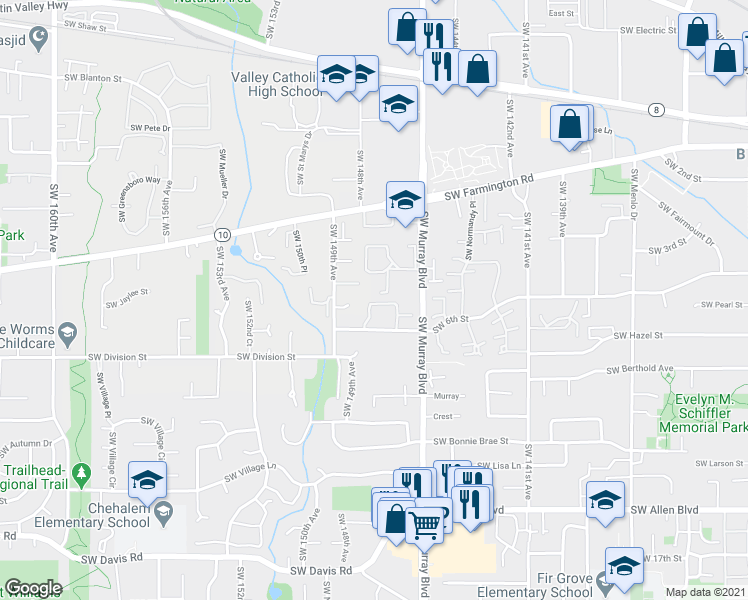 map of restaurants, bars, coffee shops, grocery stores, and more near 14635 Southwest Redbud Way in Beaverton