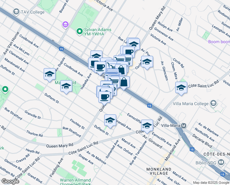 map of restaurants, bars, coffee shops, grocery stores, and more near 5348 Chemin Queen Mary in Montréal
