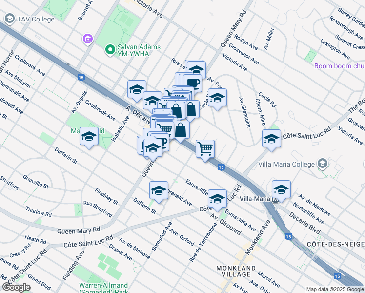 map of restaurants, bars, coffee shops, grocery stores, and more near 4960 Boulevard Décarie in Montréal