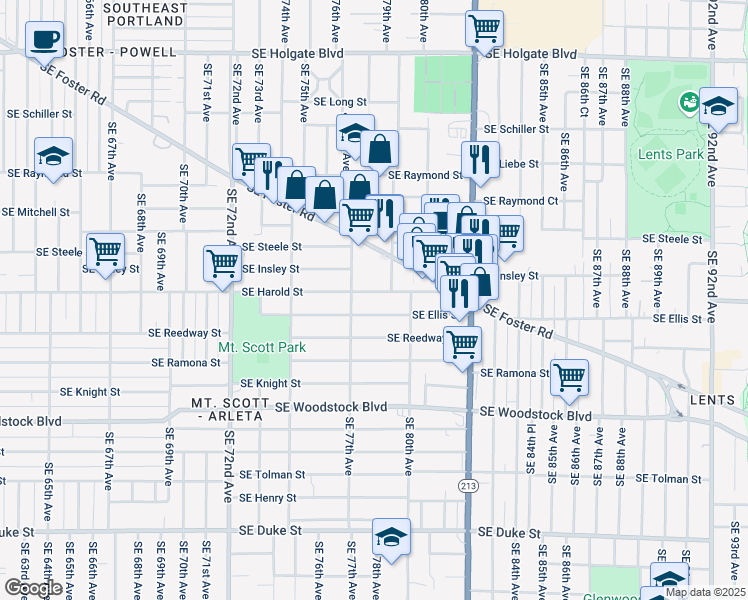 map of restaurants, bars, coffee shops, grocery stores, and more near 7820 Southeast Harold Street in Portland