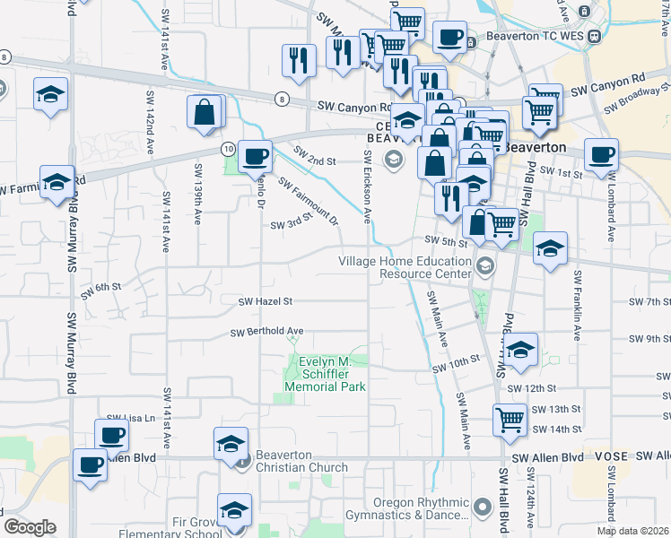map of restaurants, bars, coffee shops, grocery stores, and more near 13295 Southwest Pearl Street in Beaverton