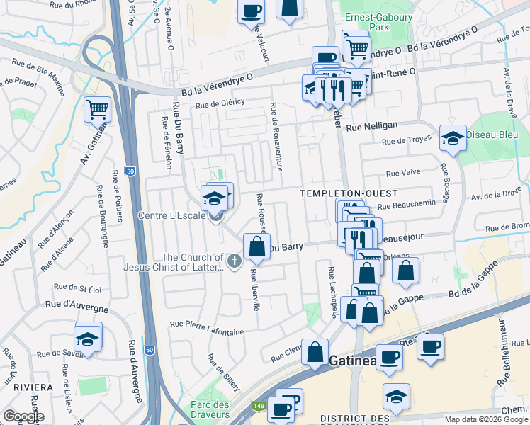 map of restaurants, bars, coffee shops, grocery stores, and more near 29 Rue Rousseau in Gatineau