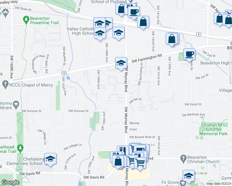 map of restaurants, bars, coffee shops, grocery stores, and more near 14635 Southwest Redbud Way in Beaverton
