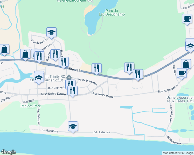map of restaurants, bars, coffee shops, grocery stores, and more near 740 Boulevard Maloney Est in Gatineau