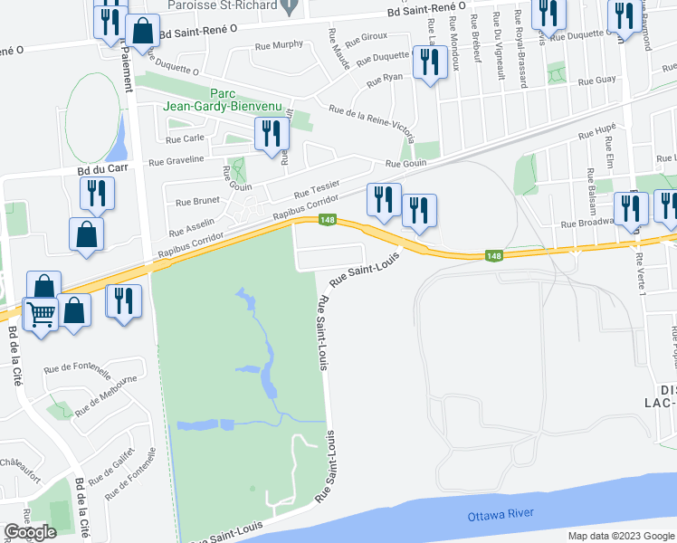 map of restaurants, bars, coffee shops, grocery stores, and more near 175 Rue André-Ménard in Gatineau