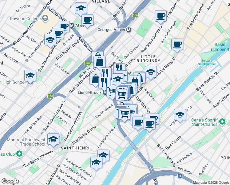 map of restaurants, bars, coffee shops, grocery stores, and more near 2665 Rue Delisle in Montréal