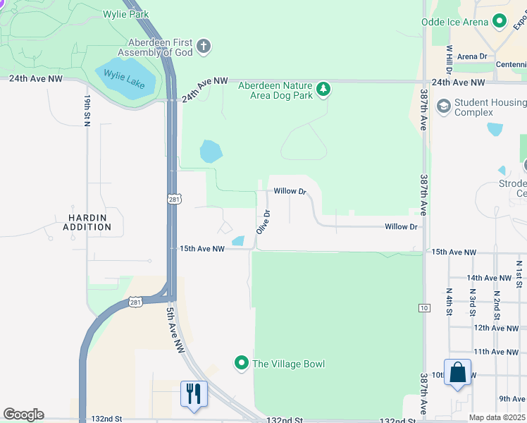 map of restaurants, bars, coffee shops, grocery stores, and more near 1611 Olive Drive in Aberdeen