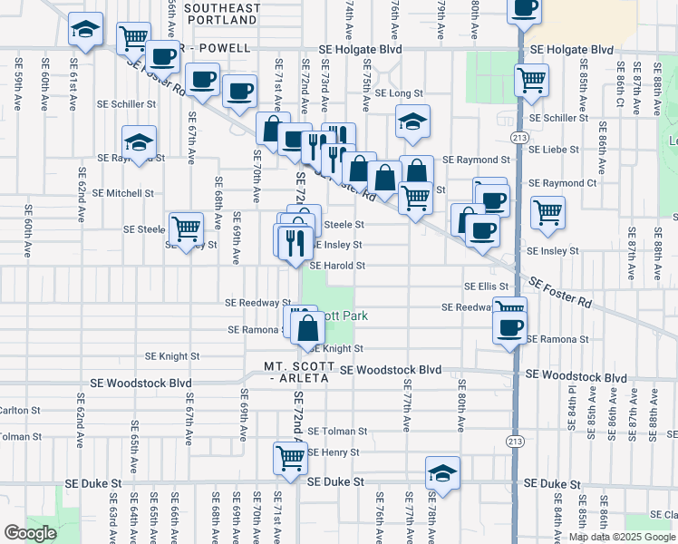 map of restaurants, bars, coffee shops, grocery stores, and more near 5512 Southeast 73rd Avenue in Portland