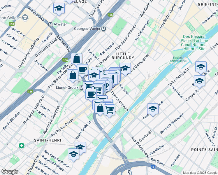 map of restaurants, bars, coffee shops, grocery stores, and more near 2501 Notre-Dame Street West in Montreal
