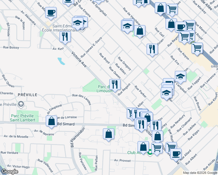 map of restaurants, bars, coffee shops, grocery stores, and more near 1770 Avenue Victoria in Longueuil