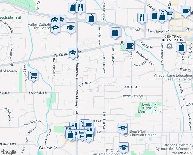 map of restaurants, bars, coffee shops, grocery stores, and more near 14195 Southwest 6th Street in Beaverton