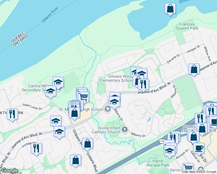 map of restaurants, bars, coffee shops, grocery stores, and more near 1033 Avignon Court in Ottawa